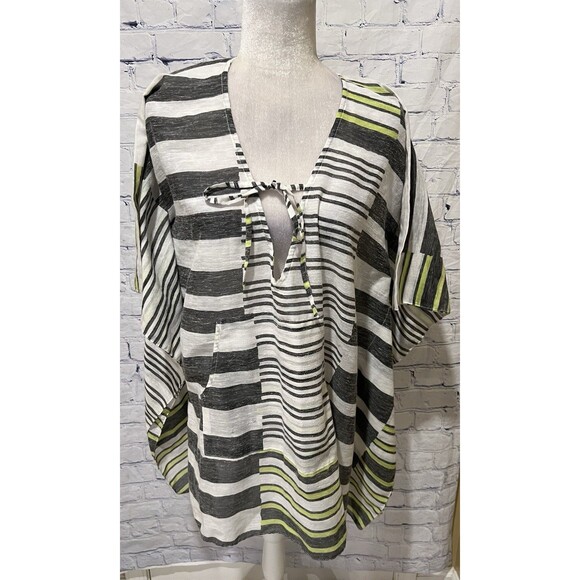 ECHO Tops - Echo Chiffon Poncho Kaftan Top Womens OS Gray White Striped Beachy Boho Tunic